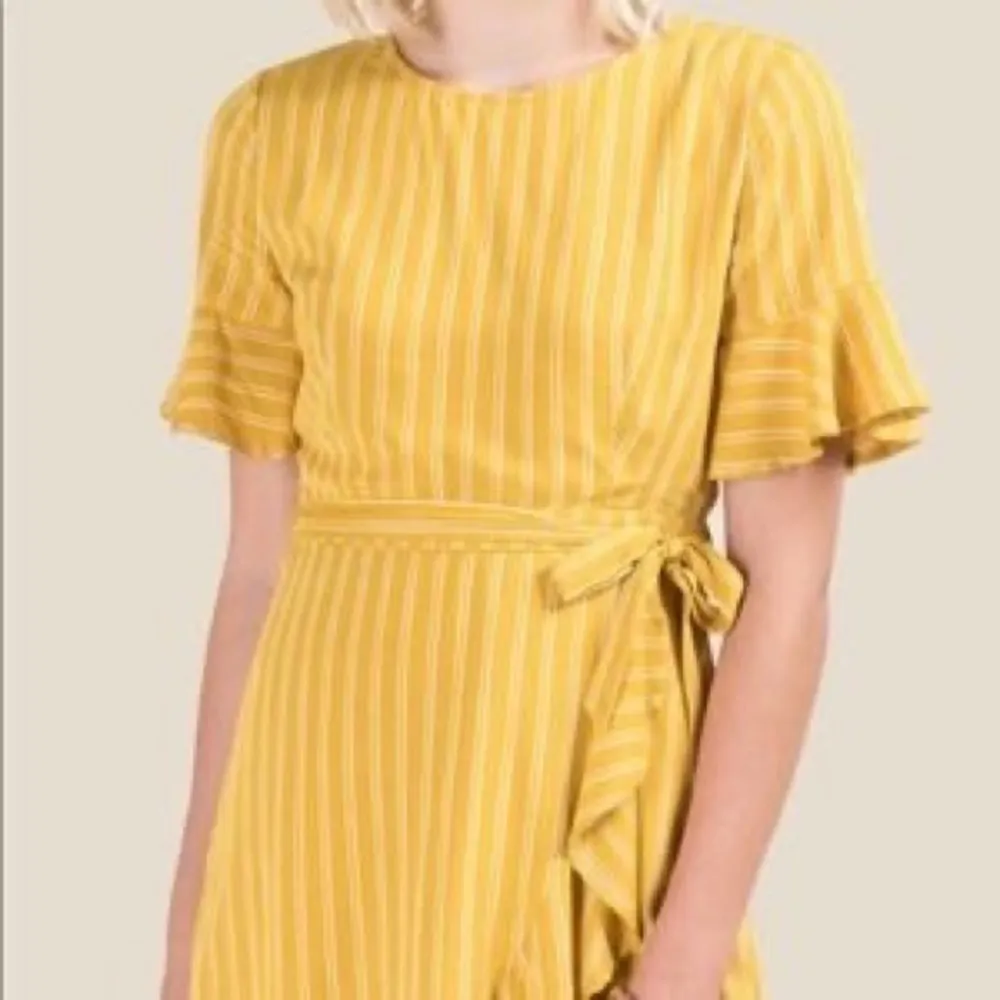 Francesca’s Blue Rain Yellow Ashton Stripe Faux Wrap Dress Size Medium - Image 7