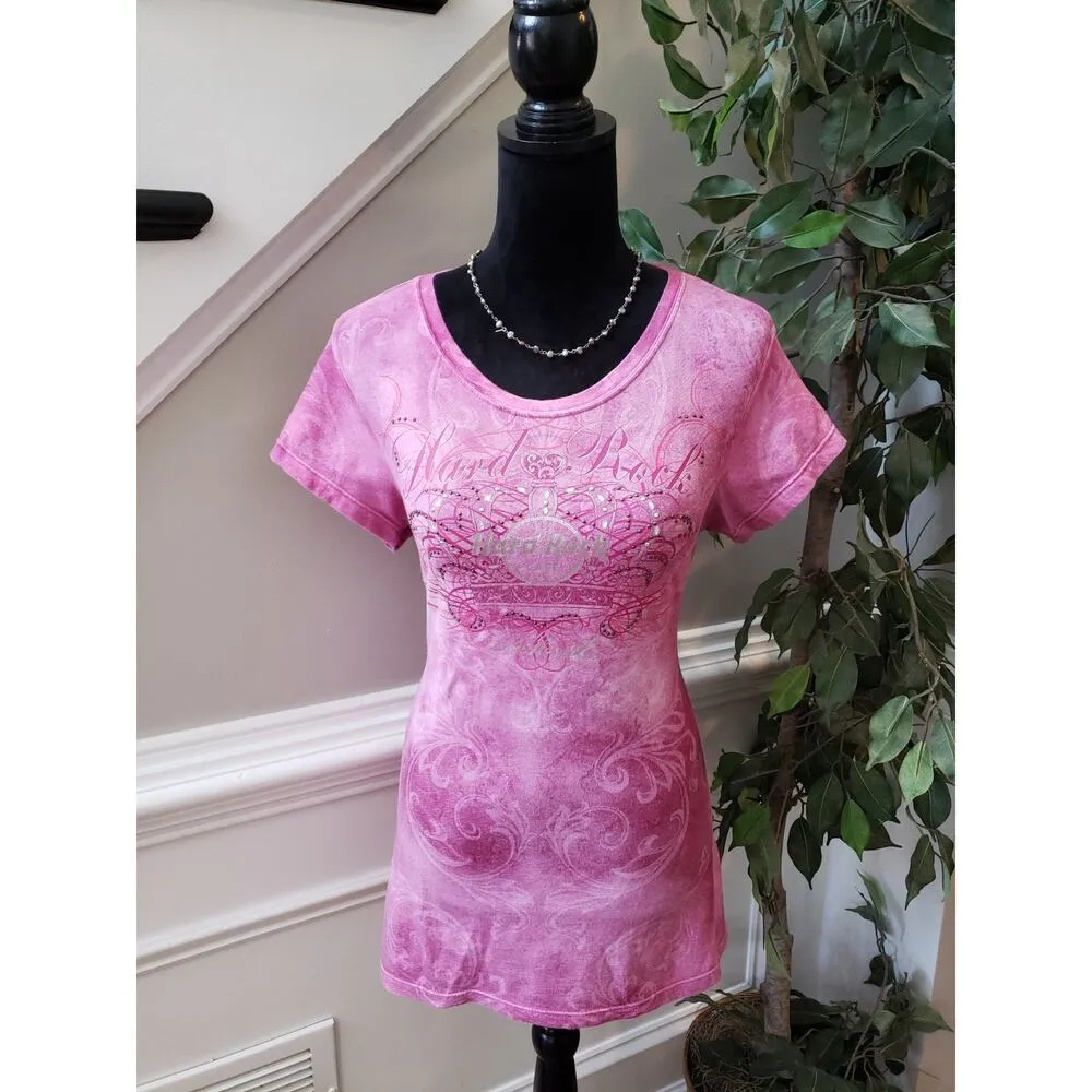 Hard Rock TShirt Womens Medium Pink Rhinestone Graphic Tee Fitted Casual Top - Image 11