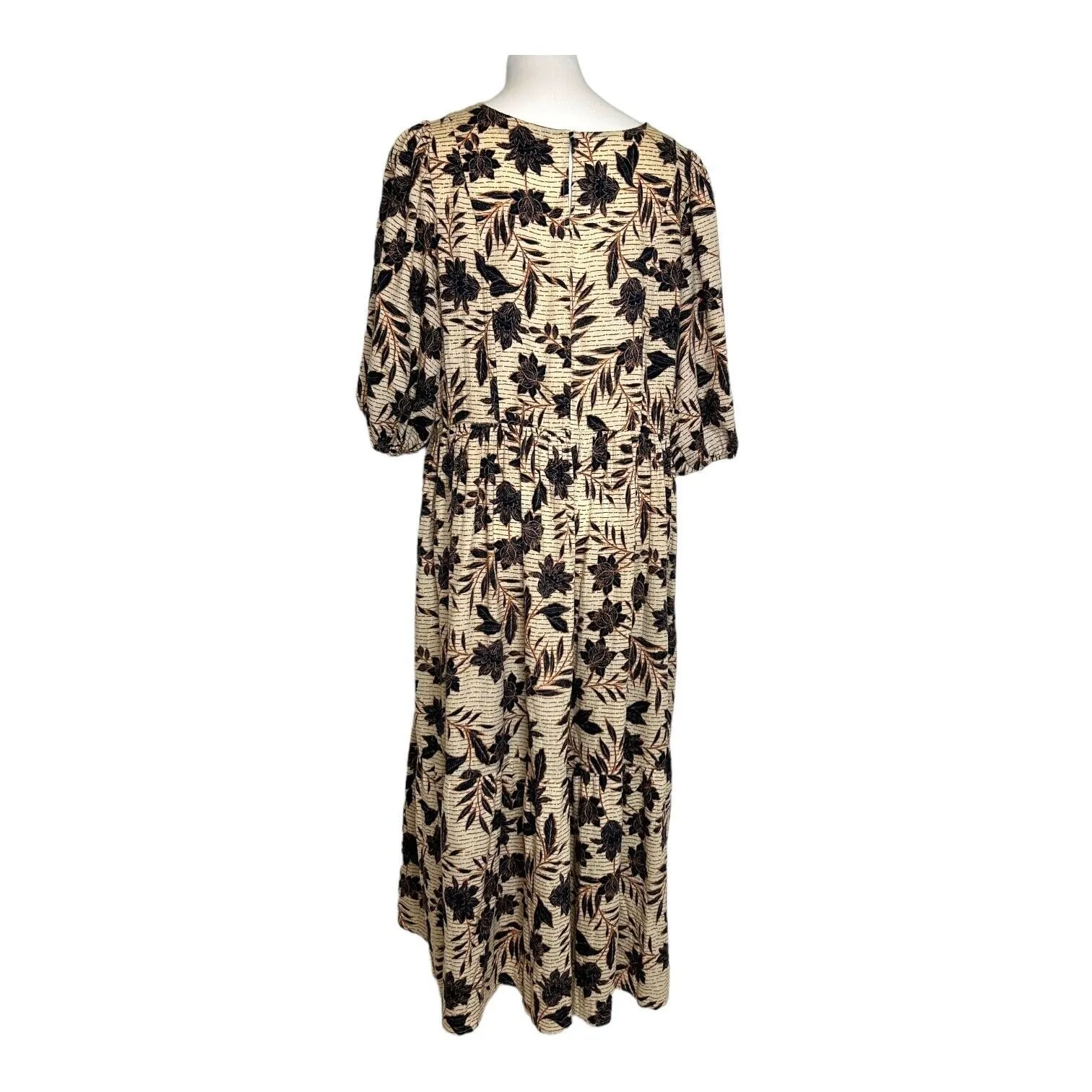 ELOQUII Floral Puff Sleeve‎ Tiered Cotton Midi Dress Cream Navy Blue Women's 16 - Image 7