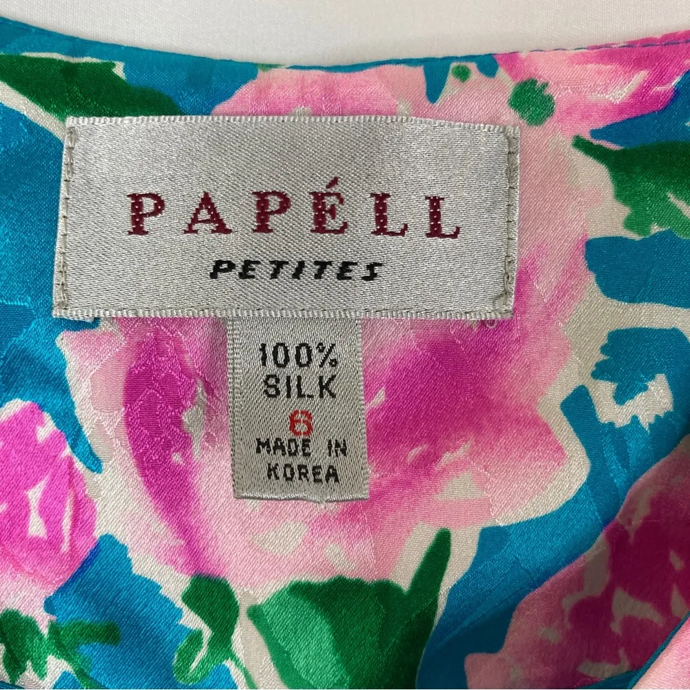 Adrianna Papell | Vintage 100% Silk Teal Floral Button Blouse PETITE - Image 5