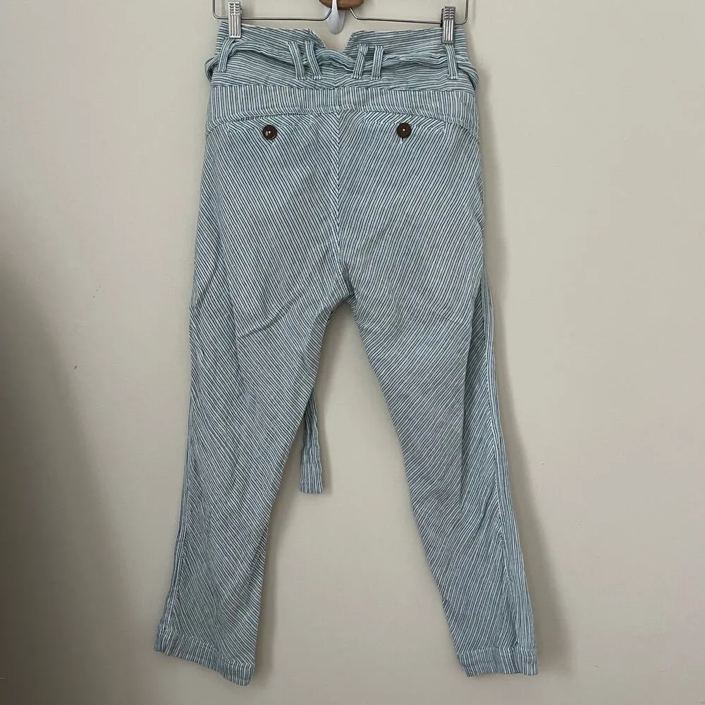 FREE PEOPLE Blue Pinstripe Woven Cotton High Rise Paper Bag Waist Pants Size 0 - Image 5