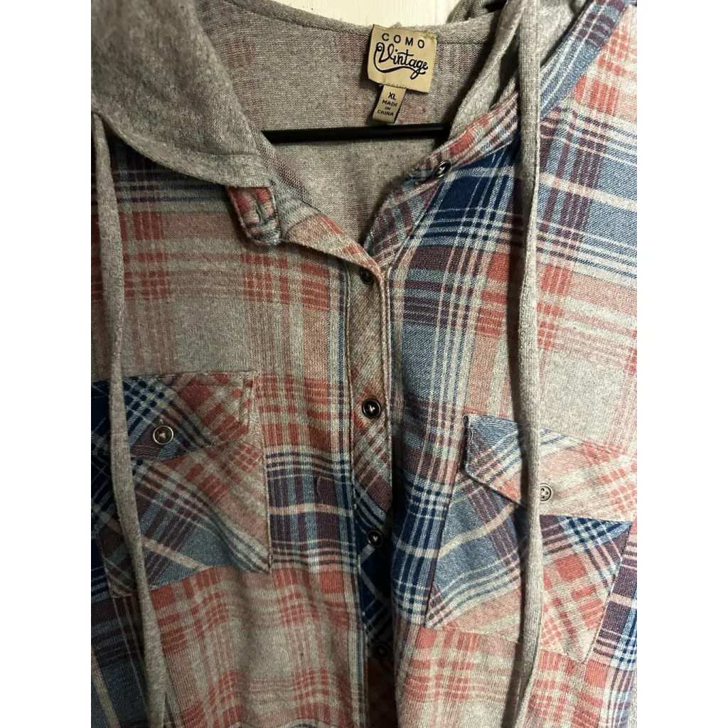 Como Vintage Flannel Shirt Jacket XL Pink/Gray Plaid Hooded Button Front - Image 5