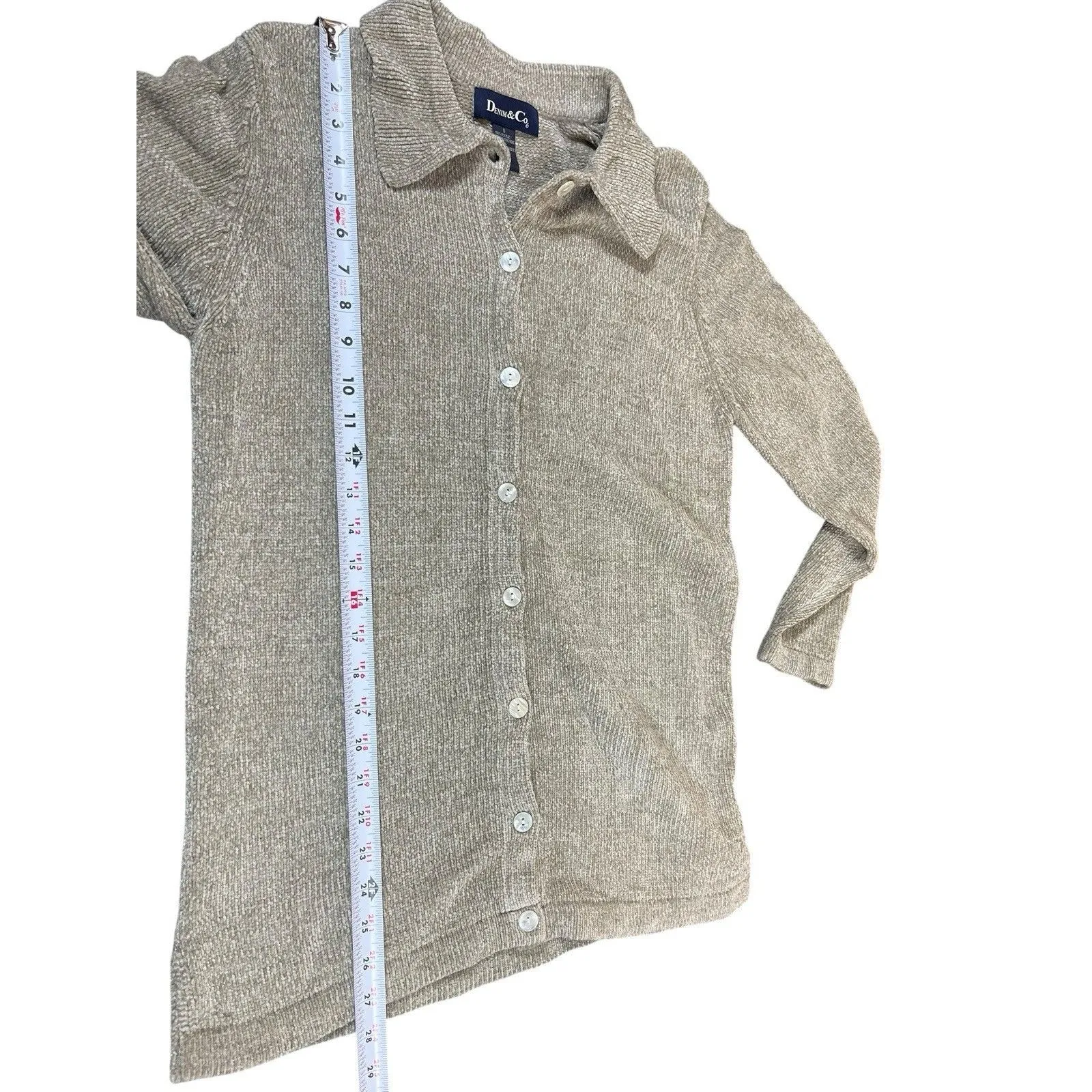 VTG Denim & Co. Chenille Cardigan Sweater S Tan Button Front Long Sleeve Brown - Image 9