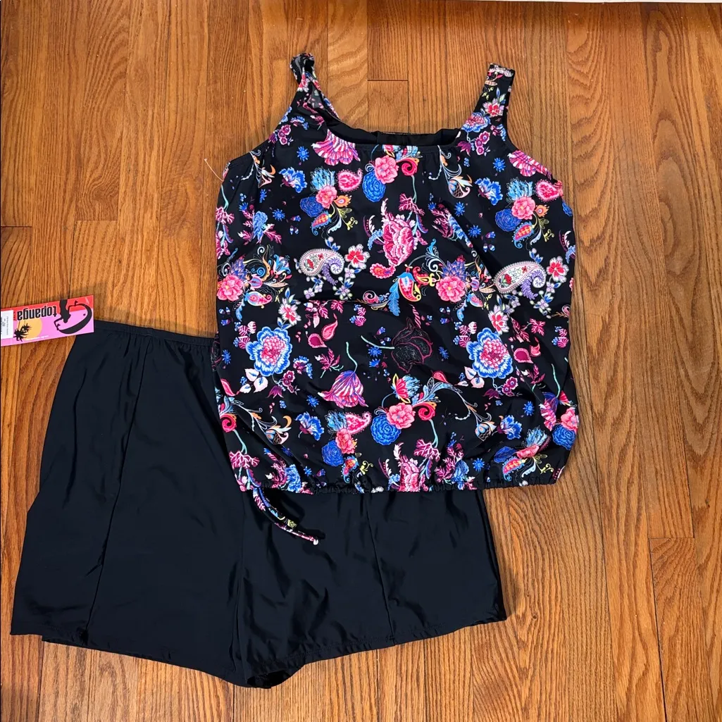 T.H.E. Blouson Tankini Top Swim Shorts Floral Black plus size 26W NWT Mastectomy - Image 2