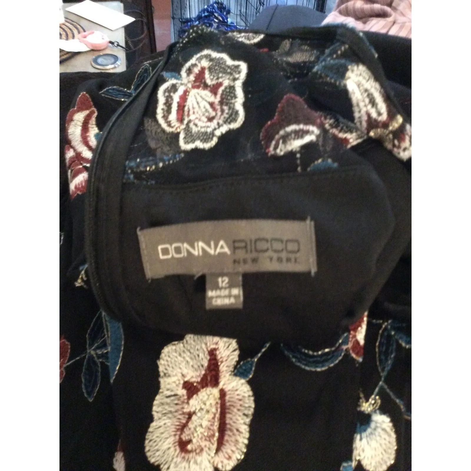 Donna Ricco New York Size 12 Black Floral Embroidered Sheath Illusion Dress - Image 4