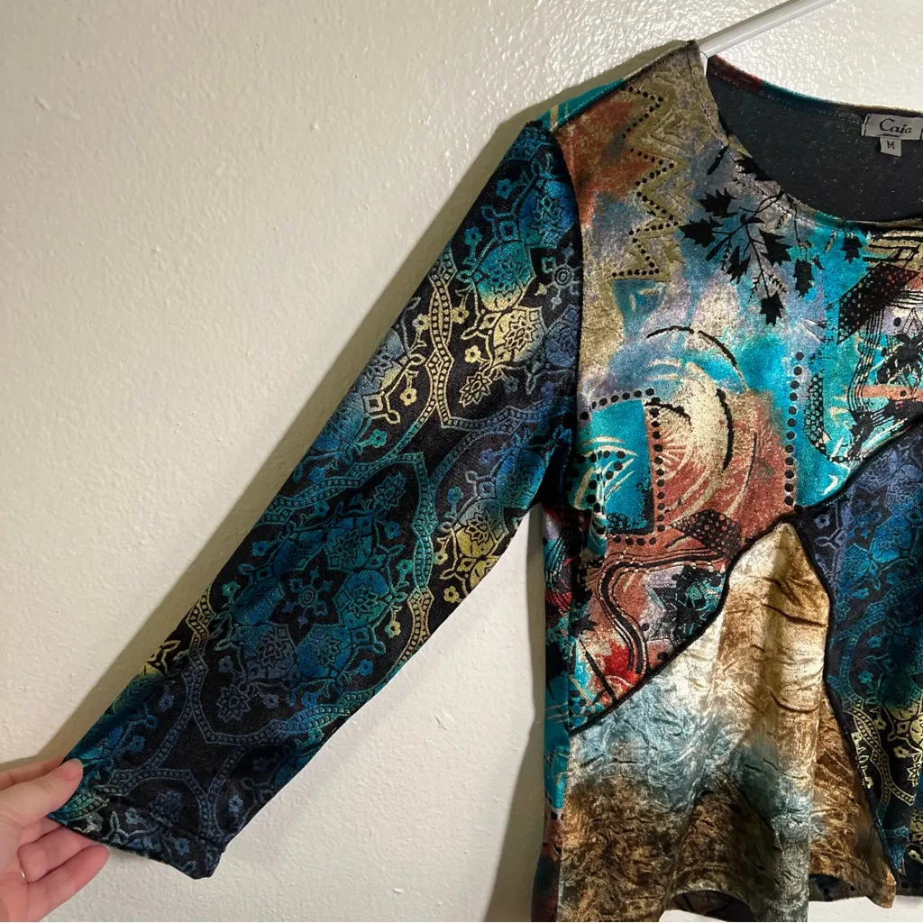 Caia Crushed Velvet Patchwork Blouse Teal Brown M Size M - Image 6