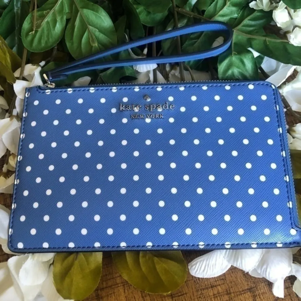 Kate Spade Blue & White Polka Dot L-Zip Wristlet Saffiano Leather NWT - Image 2