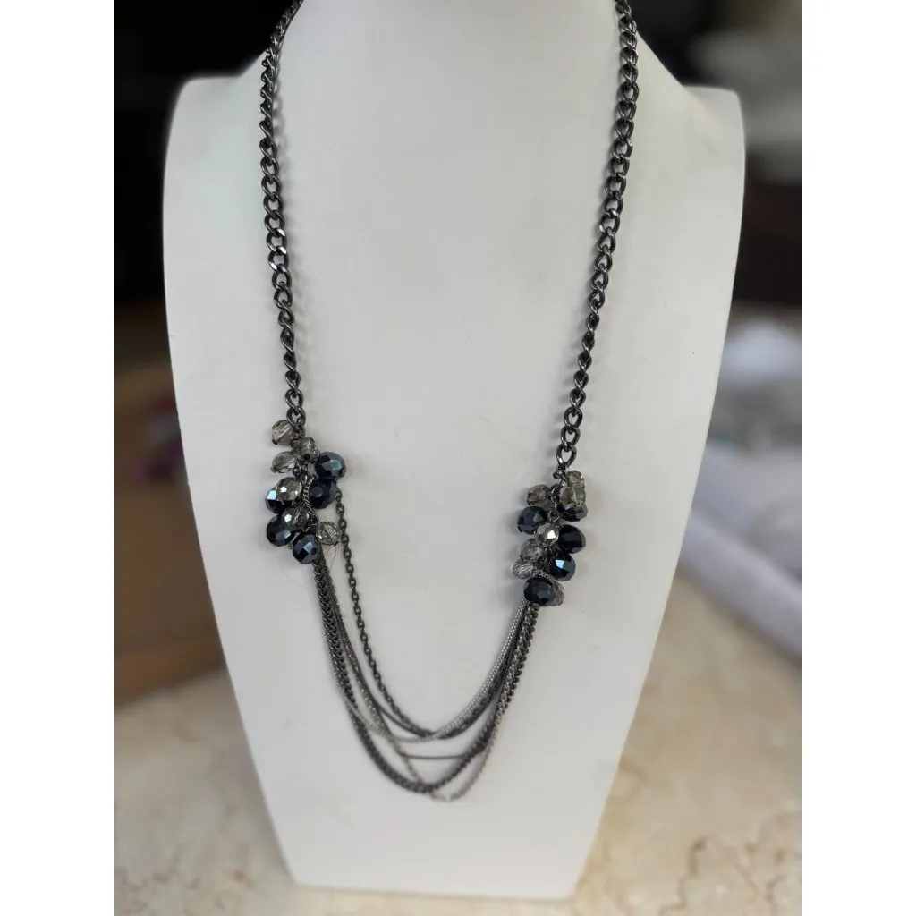 Kenneth Cole Layered Gunmetal Chain Necklace With Black & Clear Faceted Beads & - Image 4