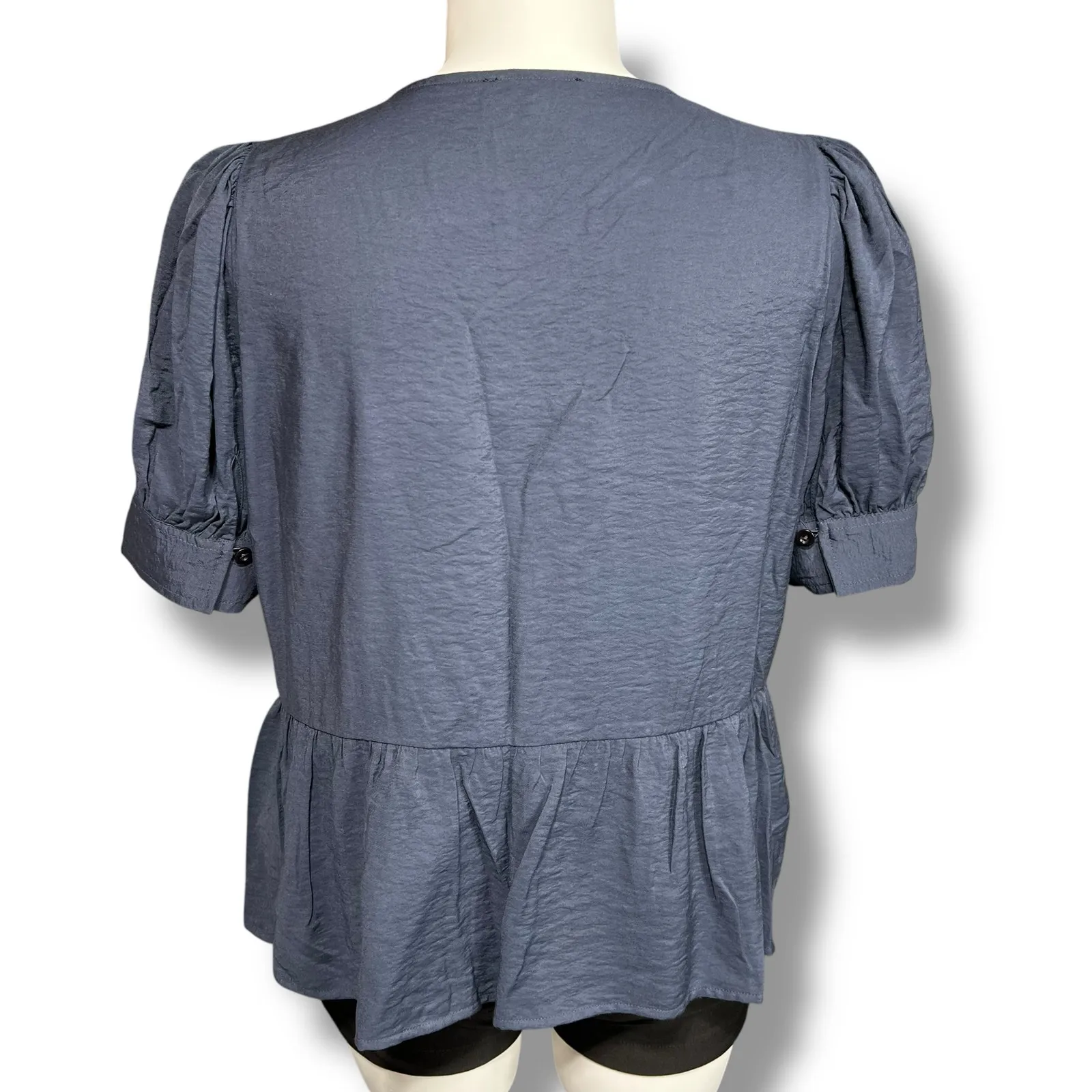 Madewell Womens Peplum Top V Neck Button Down Puffed Short Sleeves Navy Blue XXL - Image 3