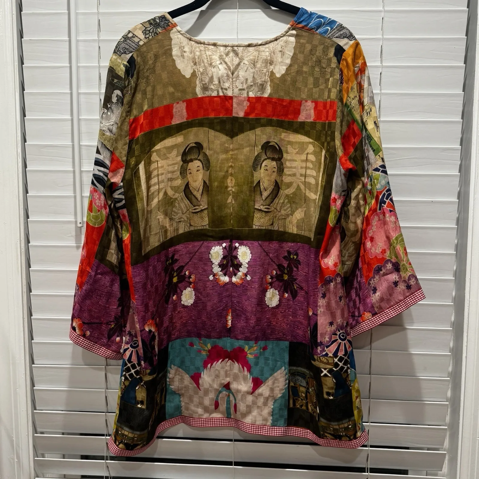 JOHNNY WAS Samantha Blouse Asian Samurai Boho Patchwork Print 3/4 Sleeve Sz S - Image 6