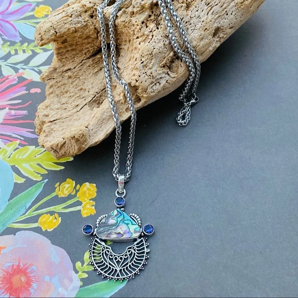 Abalone Shell & Amethyst Wheat Chain Necklace - Image 3