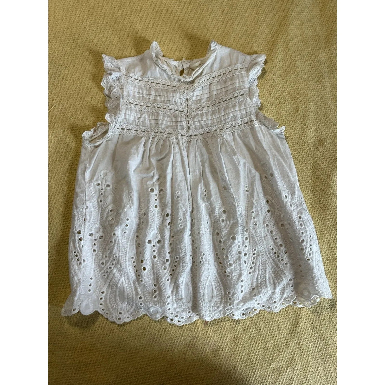 White Eyelet Lace Sleeveless Babydoll Top Pintuck Ruffle Trim Boho Cottagecore M Size M - Image 7