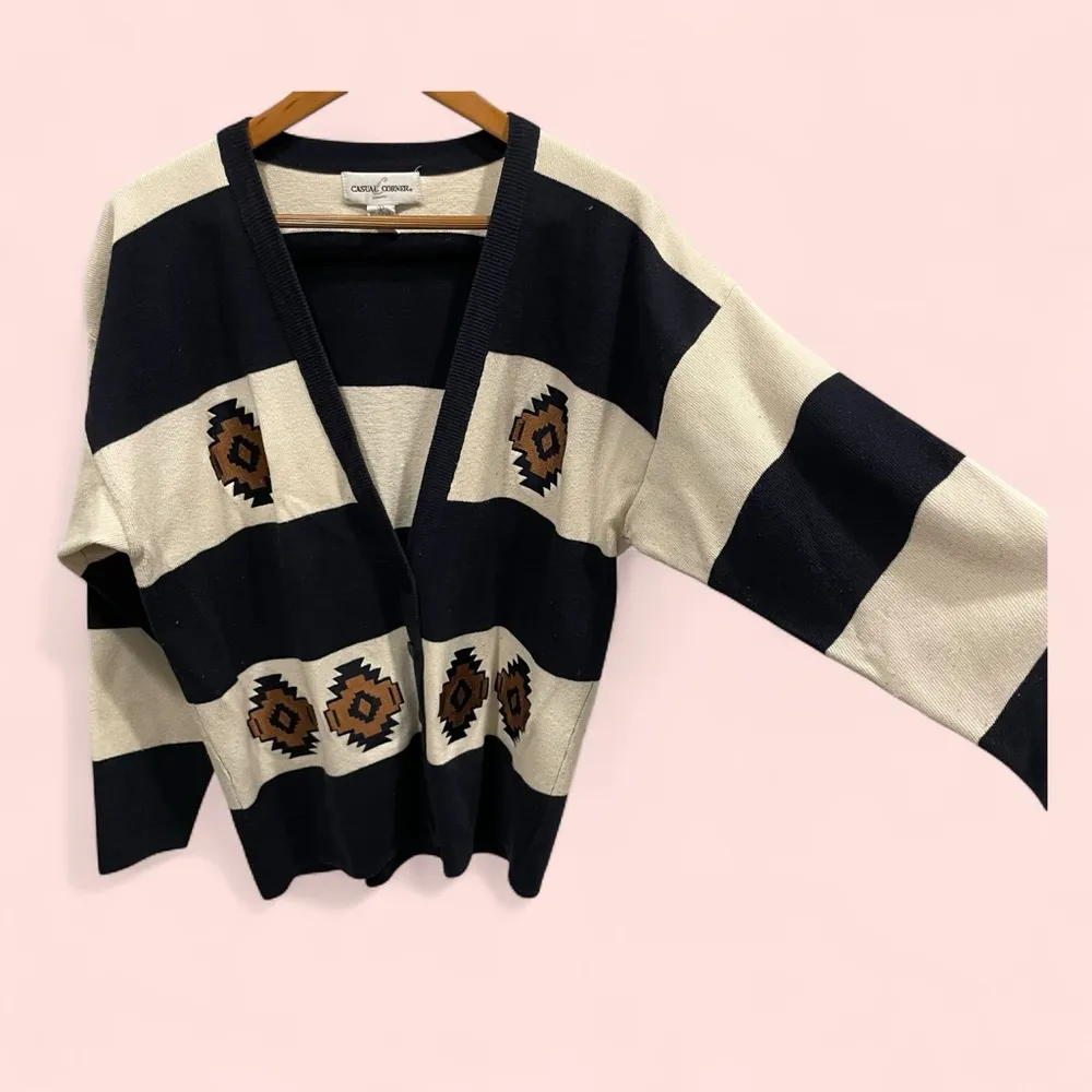 Vintage 80’s varsity stripe aztec embroidery oversized cardigan chunky funky Blue Size L - Image 3