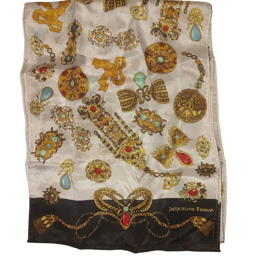 Vintage Jacqueline Ferrar Scarf Jewel Bow Print 50s Style 52 by 10 Silk Blend - Image 5