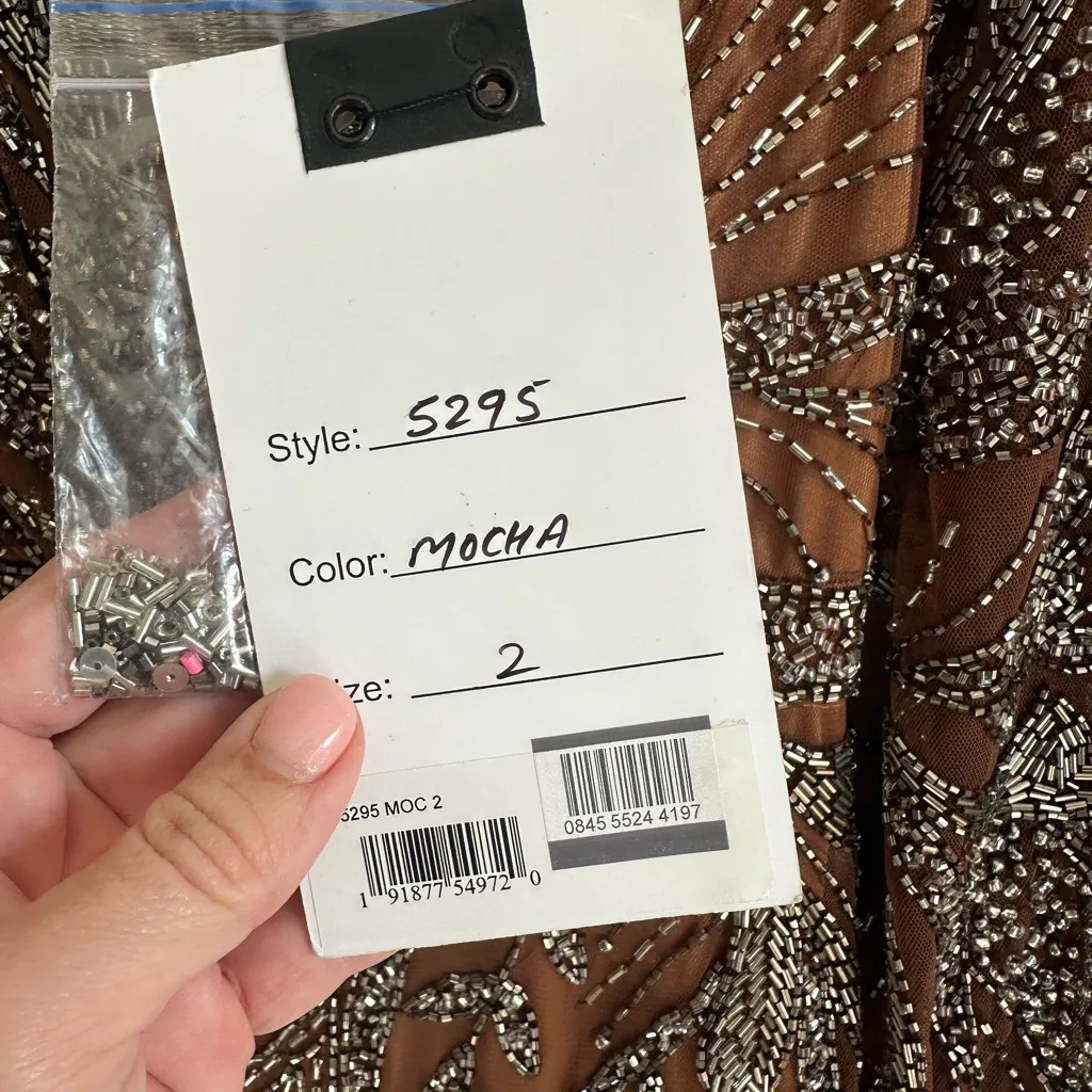 Mac Duggal Style 5295 Beaded Long Sleeve Wrap Mini Dress in Mocha- NWT - Image 8