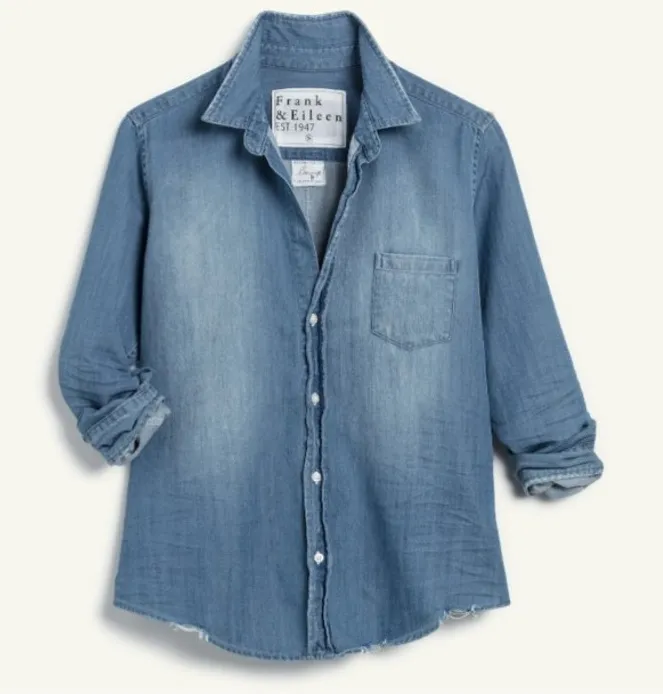 Frank & Eileen Womens XS Barry Distressed Blue Denim Button Up Shirt Preppy - Image 1