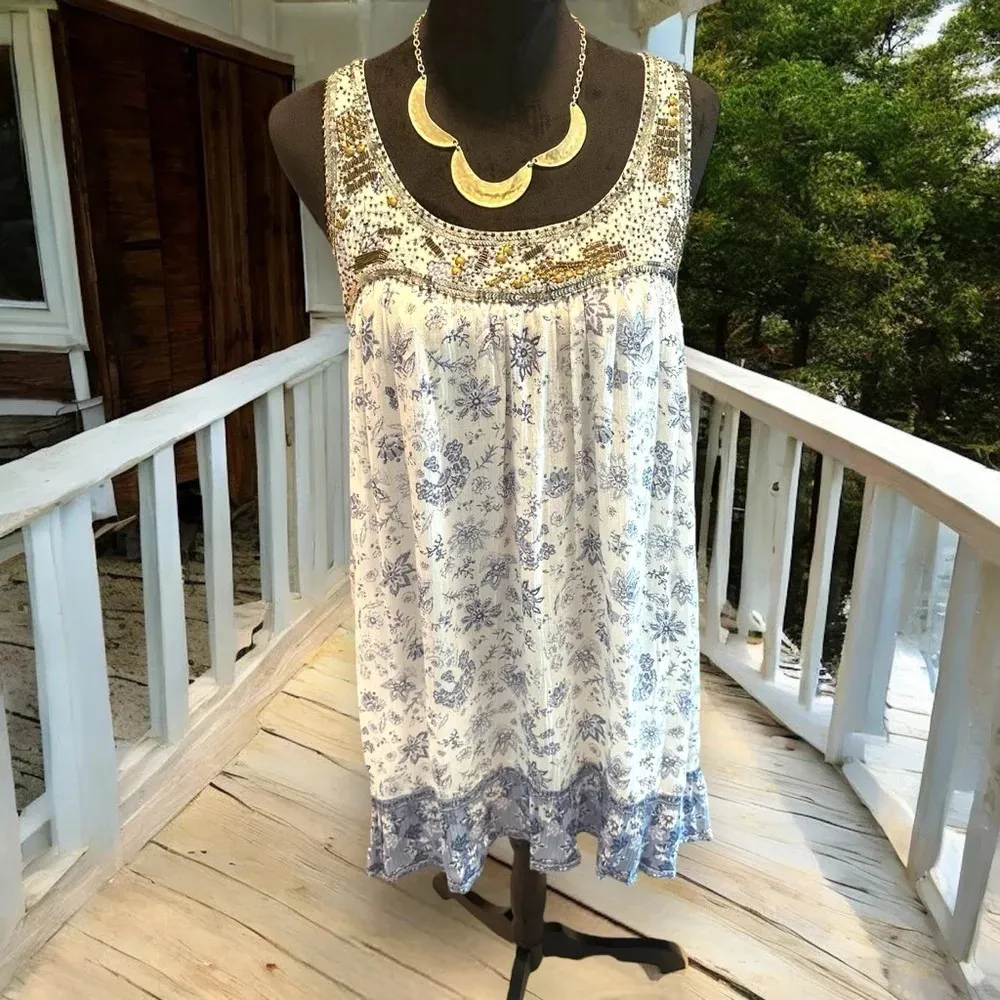 Altar'd State Sun Dress Women's Sz M Blue Floral Beaded Lined Racer‎ Back - Image 2