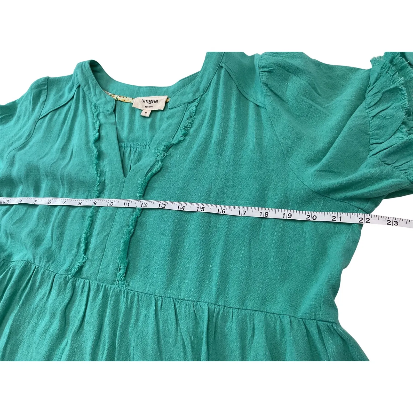 Umgee Green Tiered Frayed Hem V Neck Short Sleeve Casual Dress Size Medium - Image 11
