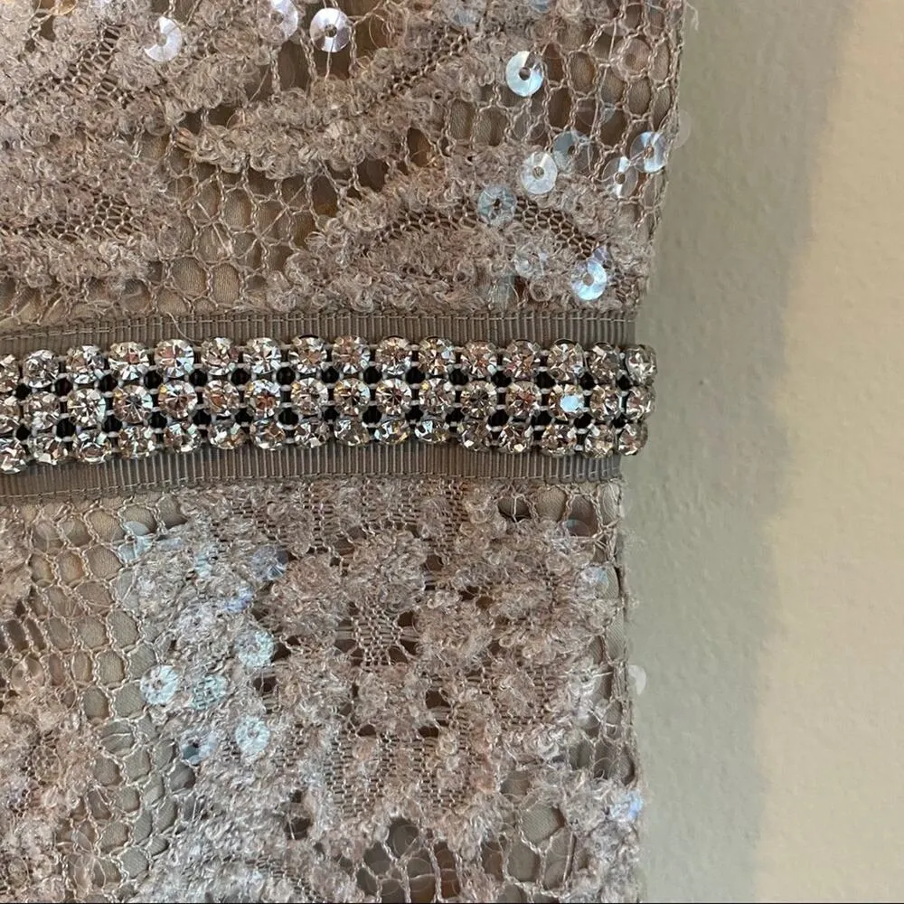 Vince Camuto Lace Sequin Sleeveless Dress Gem Waist Band Beige Cream Size 2 - Image 5