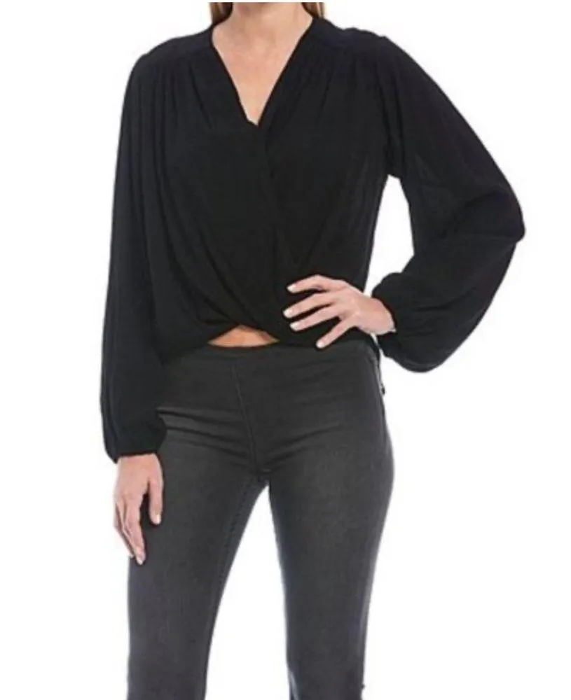 Free People Check On It Draped Wrap Top Hi-Low long sleeve Viscose Black Sz M - Image 2