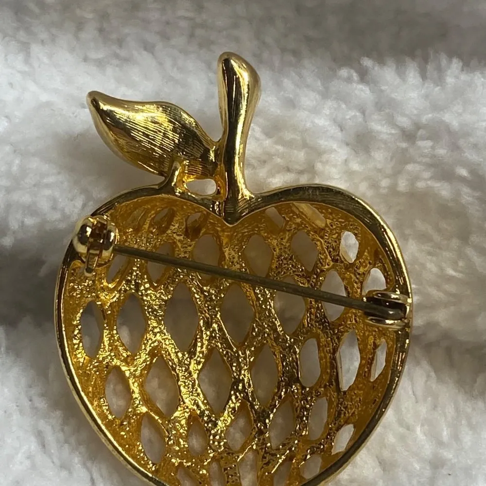 Gold Color Apple Fruit Shape Pin Brooch Open Weave Style Teacher Gift - Image 8