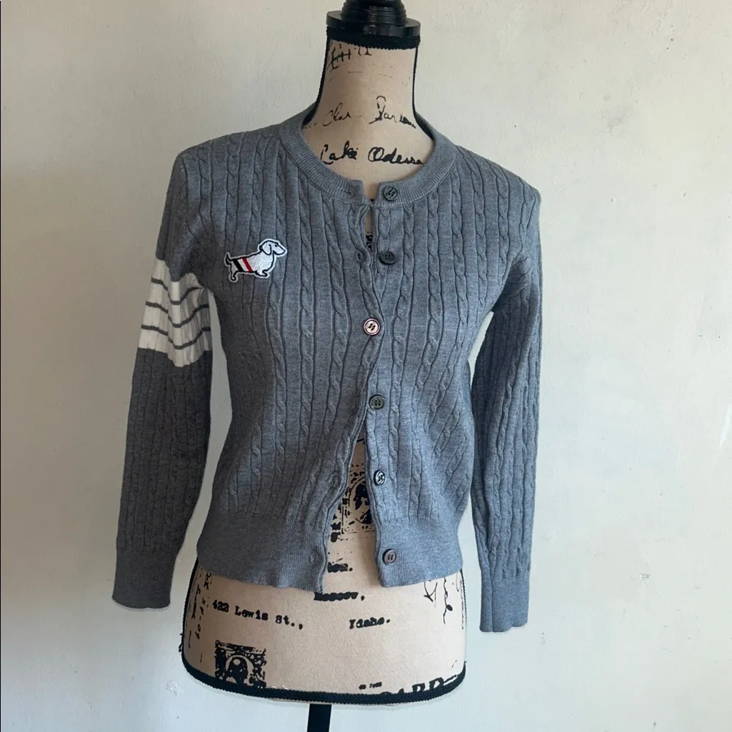 THOM BROWNE New York Preppy Embroidered Dog Grey Cardigan Size XS Gray - Image 6