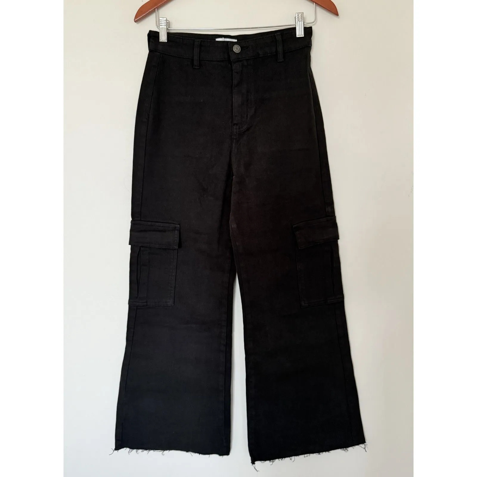 Annie Wear Raw Hem Black Cargo Wide Leg Cropped Jeans Edgy Utility Streetwear M Size M - Image 2