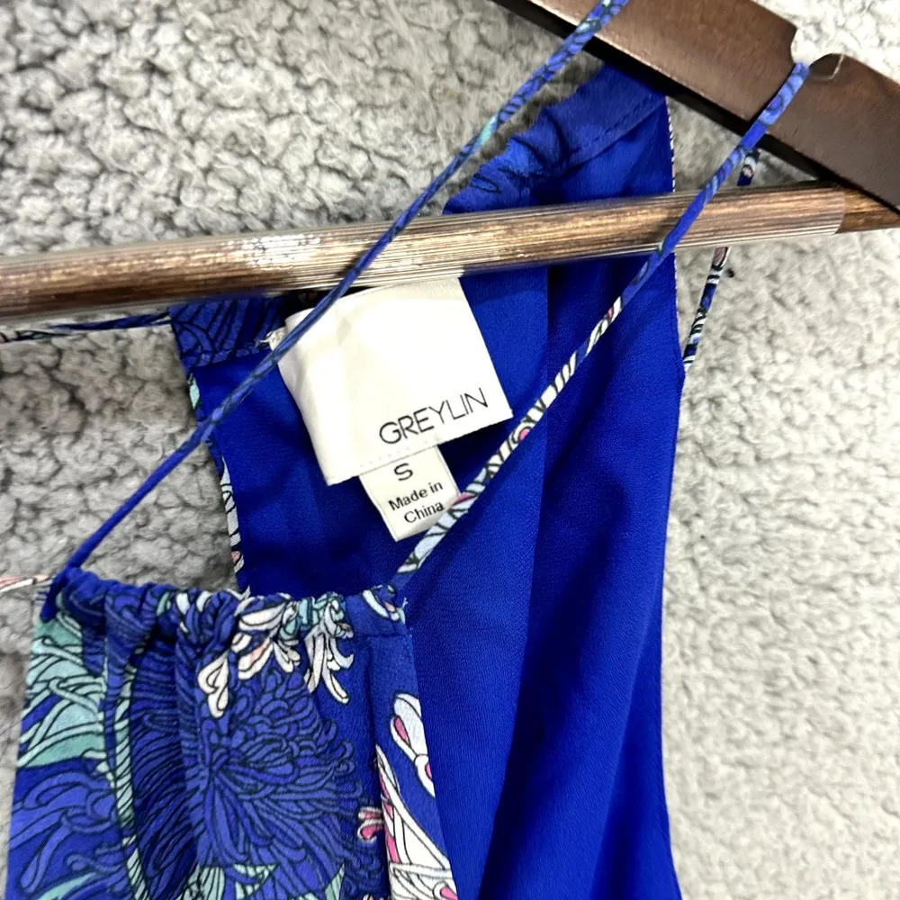 GREYLIN Silk Dress Small Blue Floral Sleeveless V-Neck  Boho Resort Y2K Vacation - Image 2