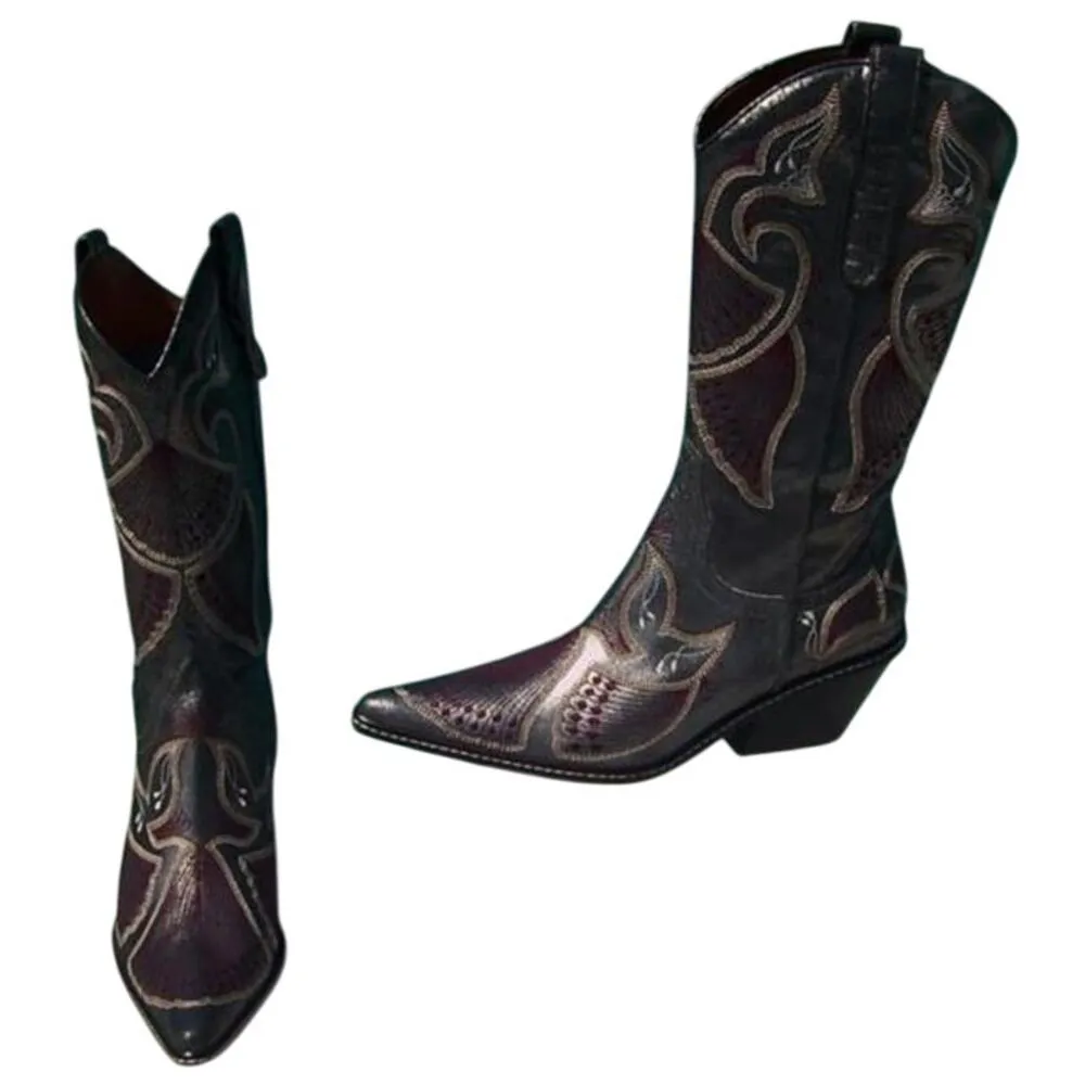 Donald Pliner Western Black Metallic Leather Intricate Stitch Boot New $750 NWT Size 6 - Image 3