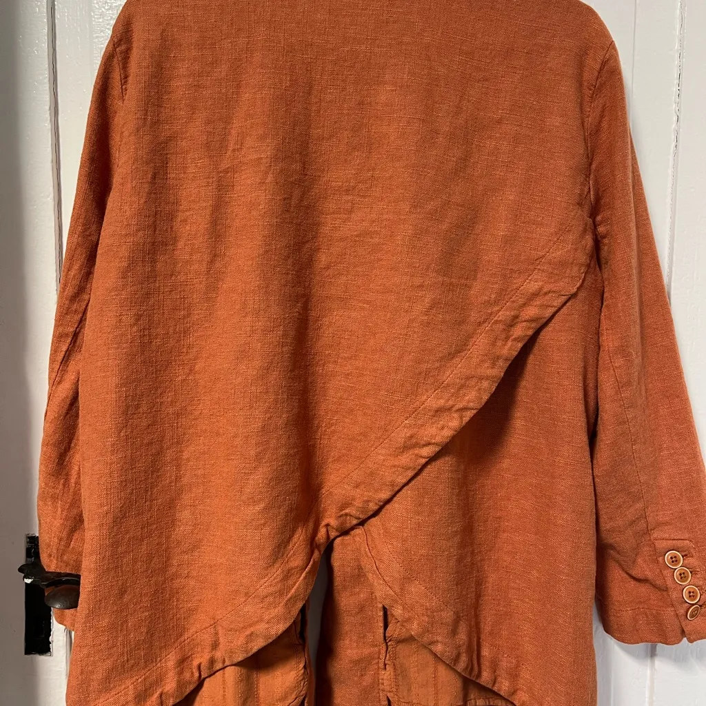 Anthropologie Vintage Washed Linen Blend Blazer Lightweight Terracotta Orange 14 - Image 3