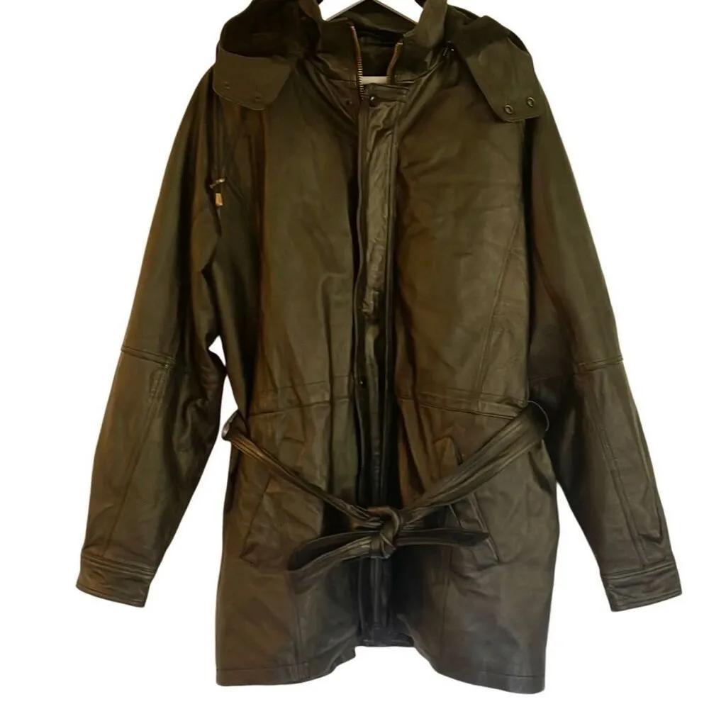 VintageāLeather black hooded faux fur lined trench jacket M Size M - Image 11