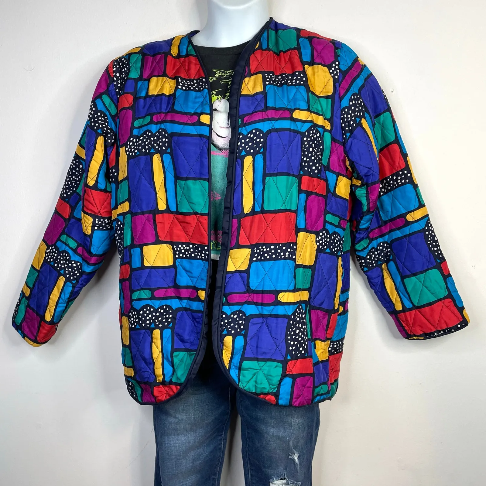 Vintage Rhoda Lynne Quilted Silk Open Jacket 90s Colorful Oversized Womens S Blue - Image 14