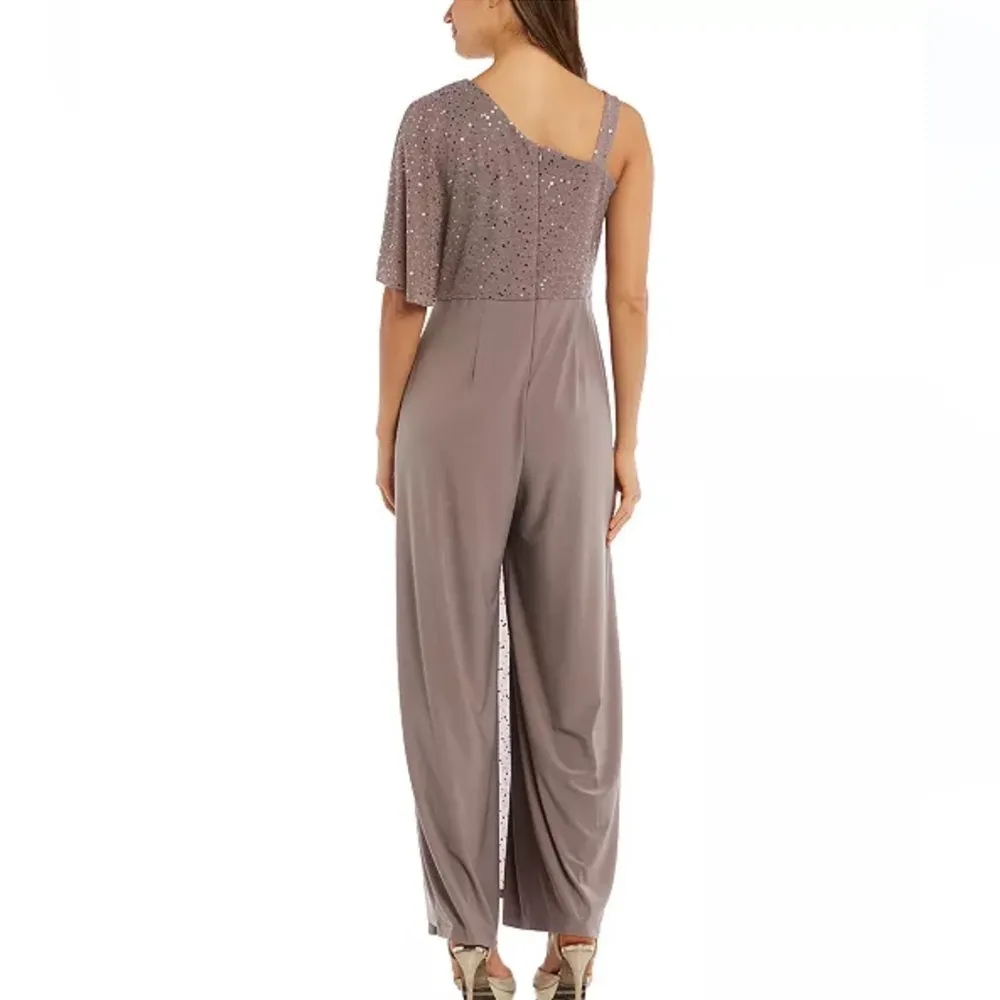 R&M Richards One-Shoulder Metallic Jumpsuit Tan - Image 2