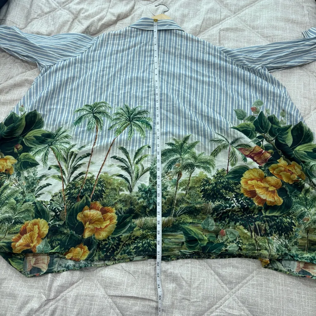 Anthropologie Blue Striped Shirt with Green and Yellow Floral Design - Image 9