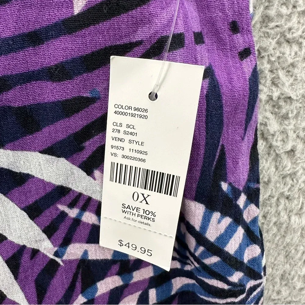 NWT Catherines Short Sleeve V Neck Tasseled Blouse Shirt 100% Cotton Palms 0X‎ Purple - Image 6