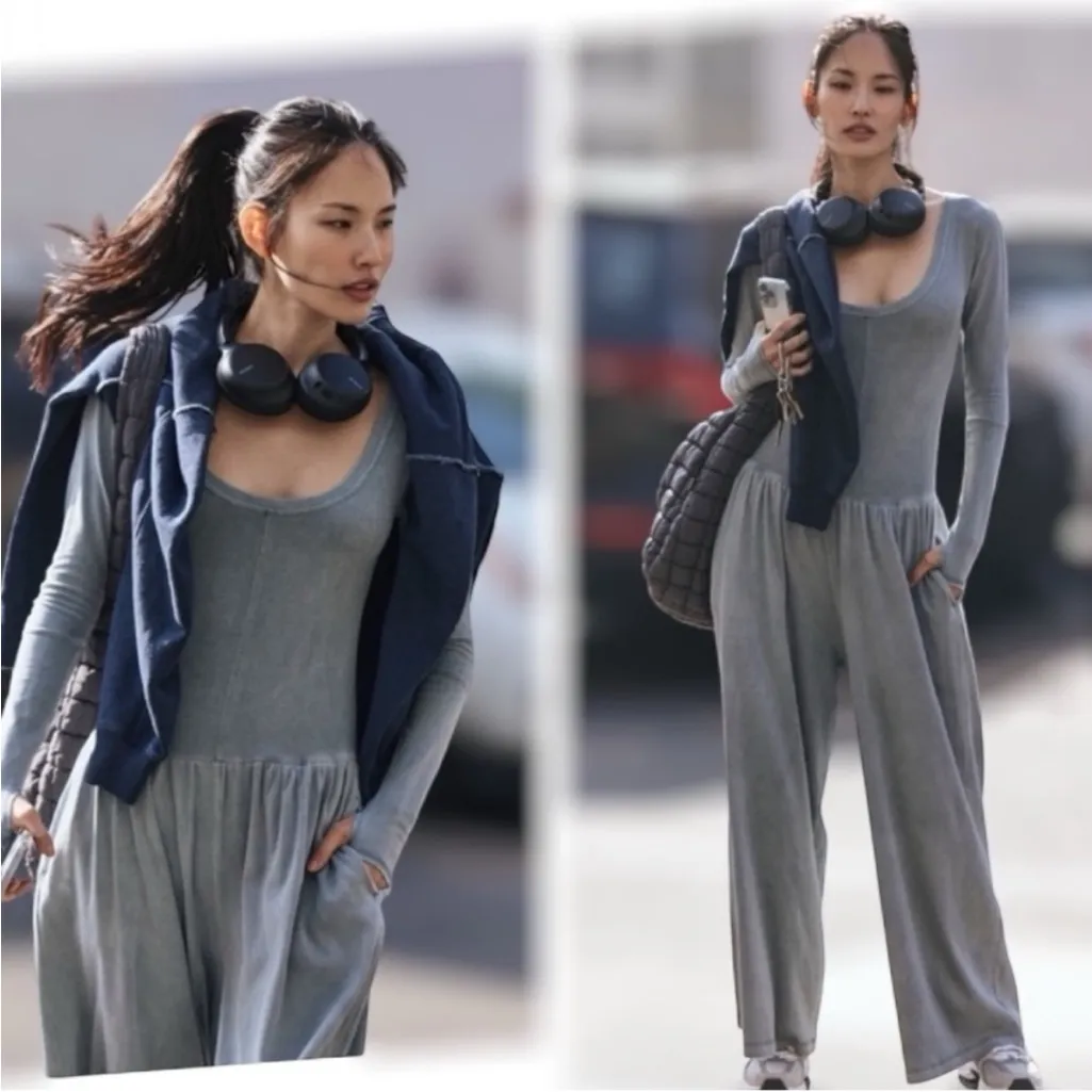 NEW! Free People FP Movement Hot Shot Wide Leg Onesie Summer Storm Gray Size XS - Image 3