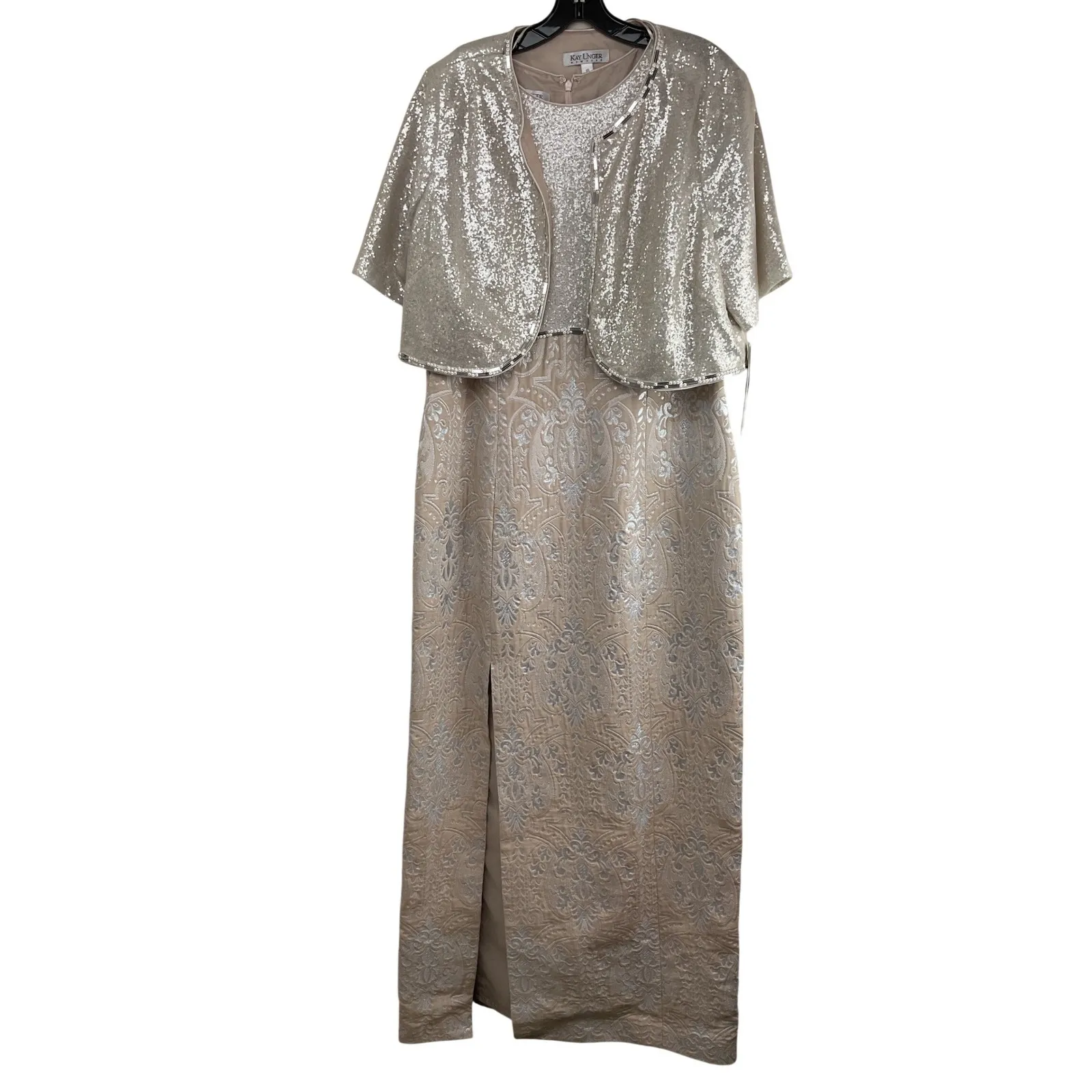 Kay Unger New York Champagne Sequin Embellished Jacket Dress Set Size 16 $990 Silver - Image 4