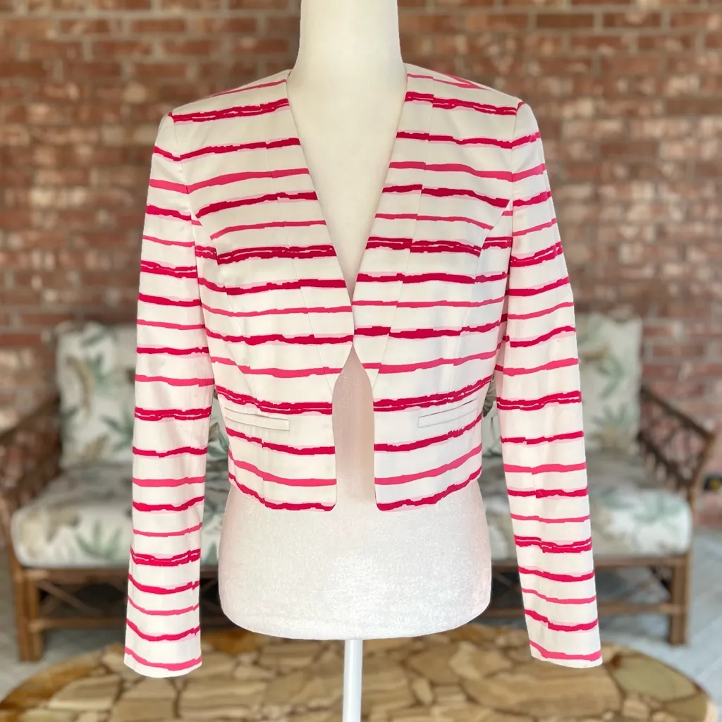 Nine West Blazer Cropped 4 Pink Off White Striped Open Front - Image 2