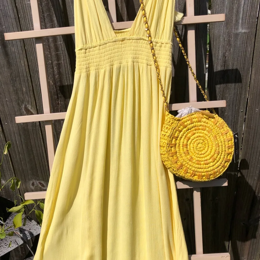 Yellow Strappy Sundress Small with tassels and Straw purse - Image 3