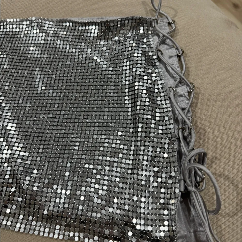 I.AM.GIA leilani Micro mini skirt lace up chainmail metallic silver low rise y2k - Image 5