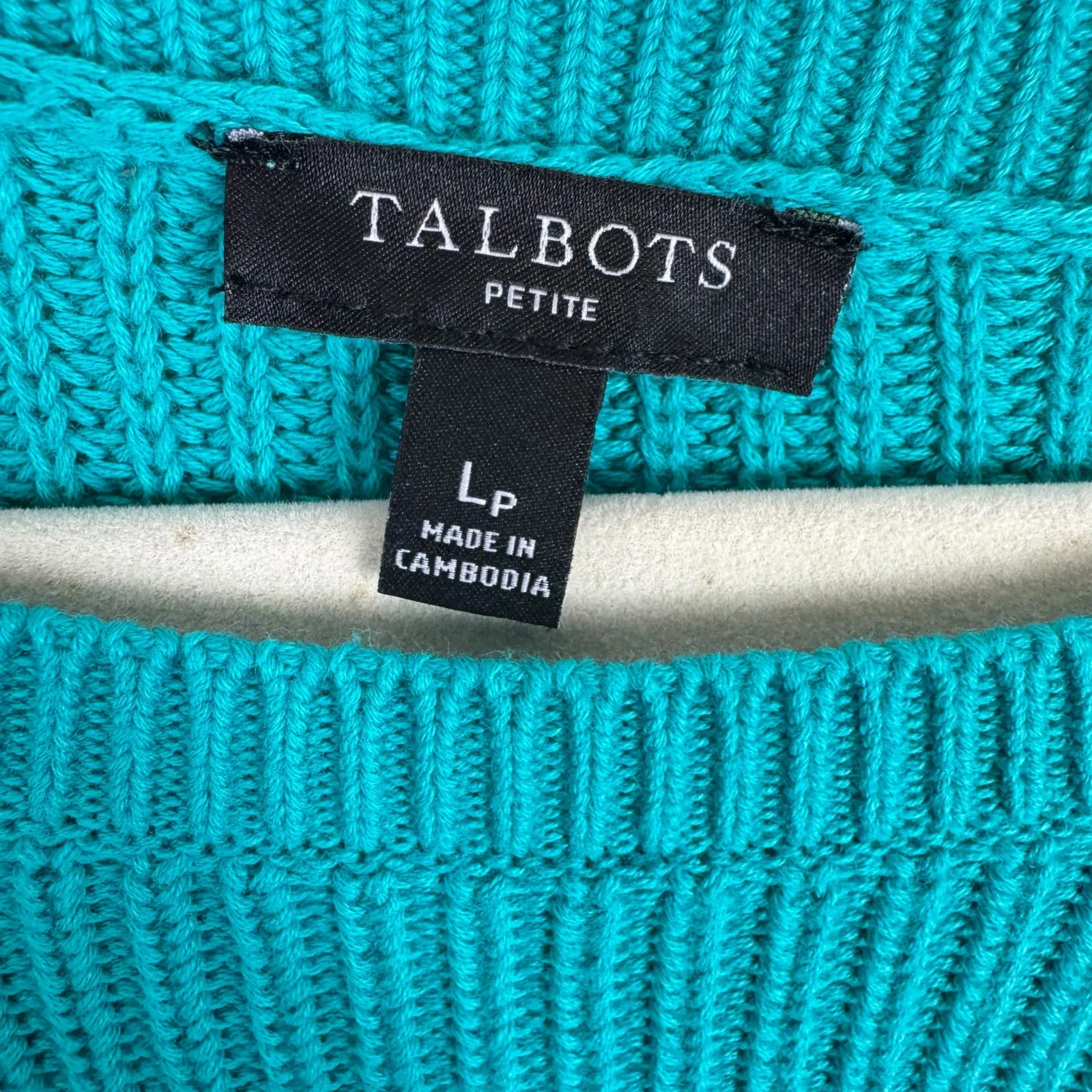 Talbots 100% Pima Cotton Greenish Blue Long Sleeve Chunky Knit Sweater Size‎ LP - Image 4