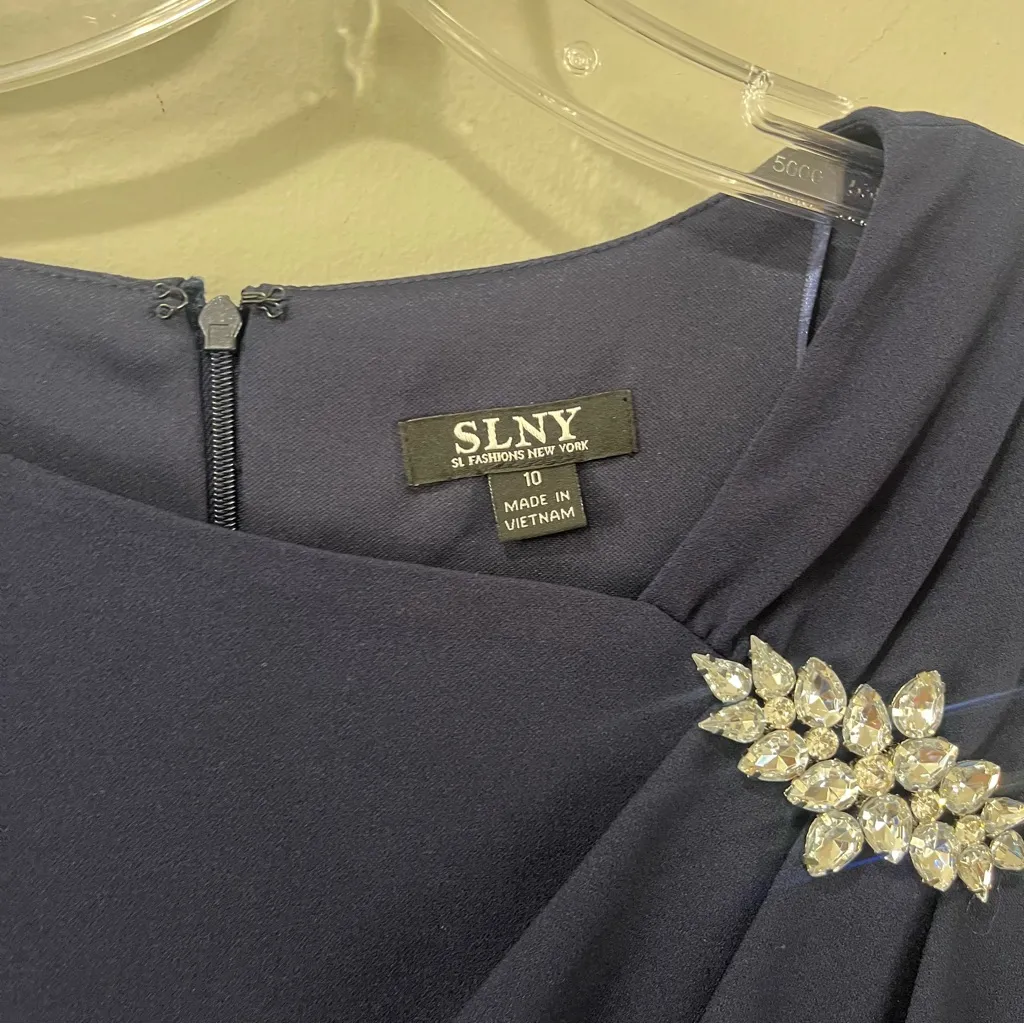 NEW SLNY dress navy blue Long Maxi Crystal Embellishment Front Slit Formal Sz 10 - Image 7