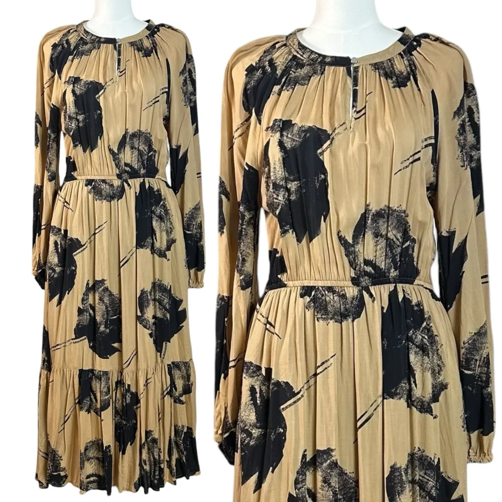 United Colors Of Benetton Black & Tan Floral Long Sleeve Midi Dress Size Large - Image 2
