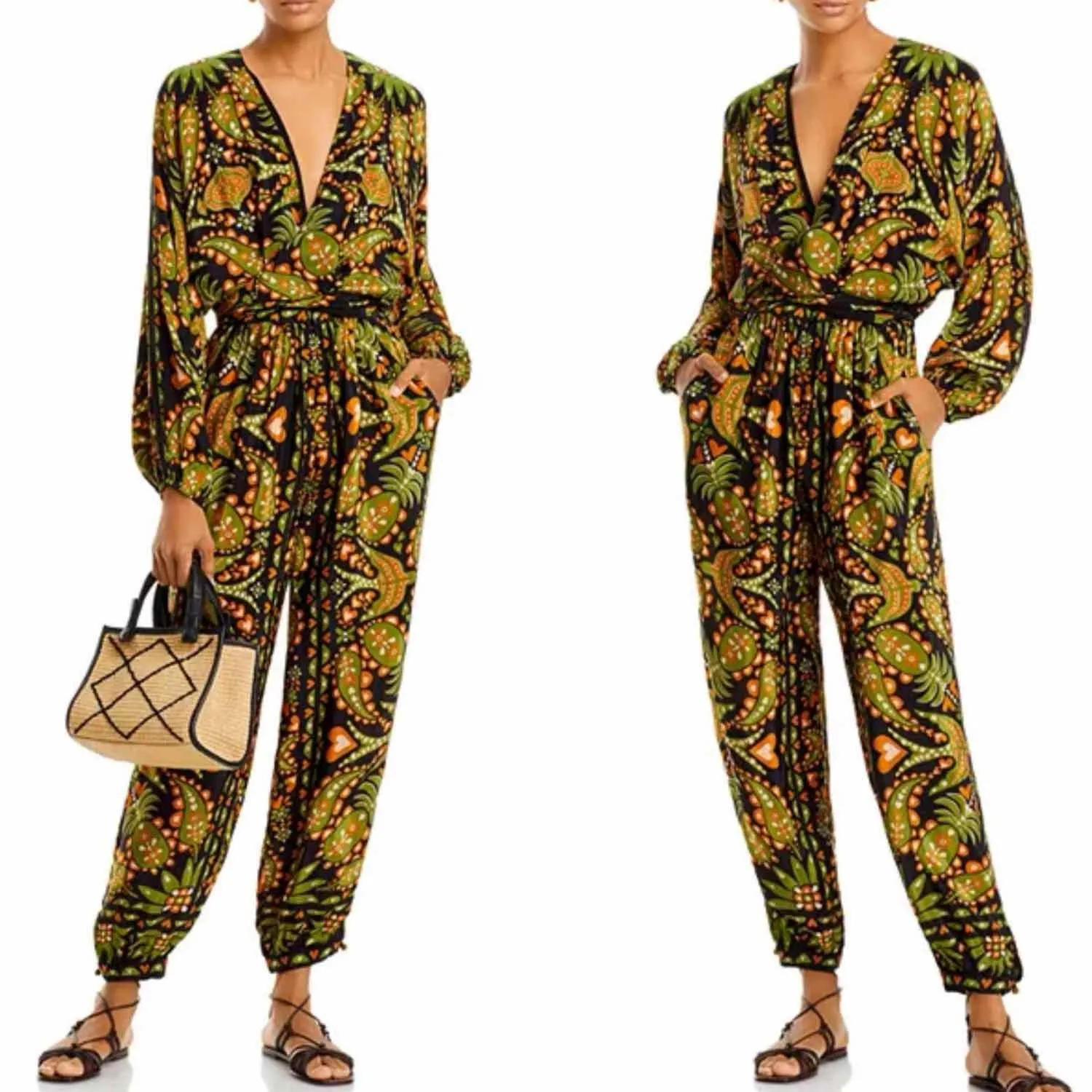 Farm Rio Black Martina Scarf V Neck Jumpsuit Size XL Casual - Image 14