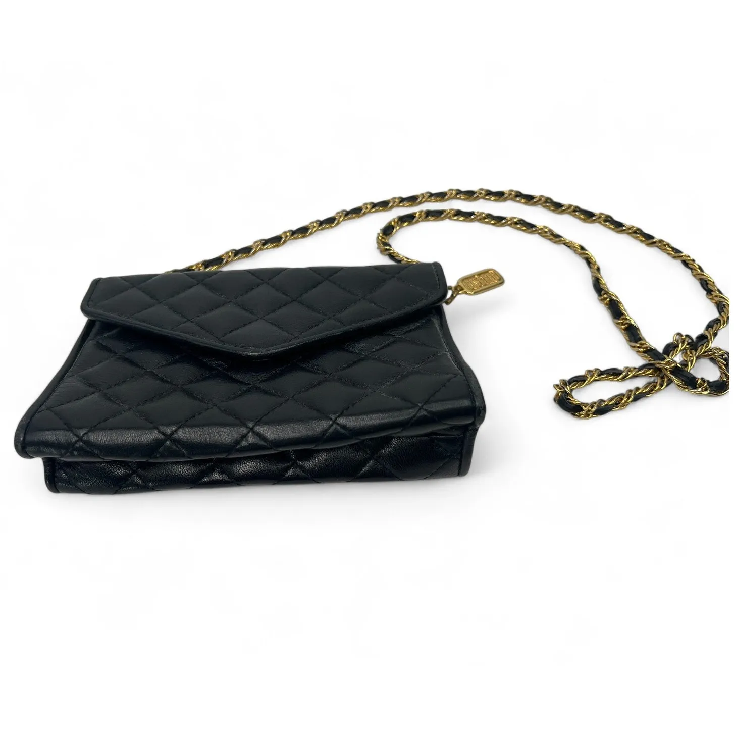 VINTAGE 80's 1980' Lisette crossbody clutch bag Quilted Leather Gold Chain purse Black - Image 2
