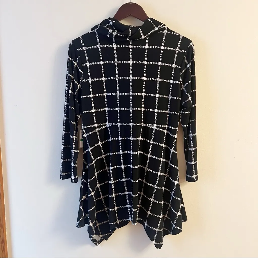 Chaus New York Black/White Plaid Assymetrical Hem Jersey Stretch Blouse L NEW Black Size L - Image 6