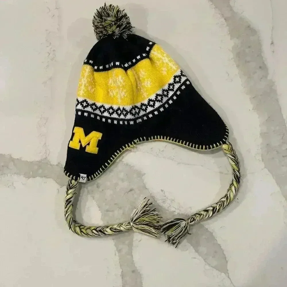 47 Brand University of Michigan Wolverines Knit Cap Pom Tassel EarFlap WinterHat - Image 5