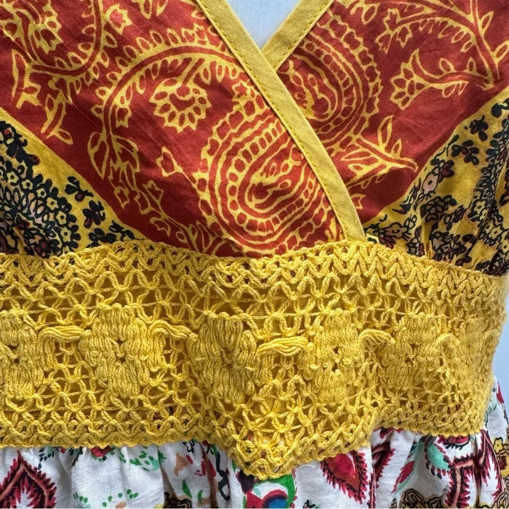 Daytrip Multicolored Boho Paisley Crochet Waistband Spaghetti Strap Slip Dress - Image 5