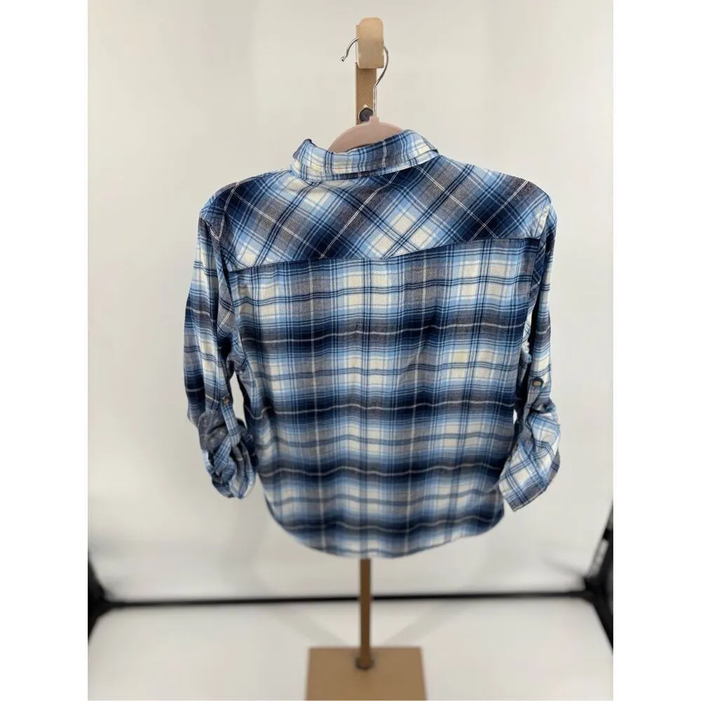 Jachs Girlfriend Bea Plaid Flannel Shirt Blue pearl snaps rollup cuff Women’s M - Image 11