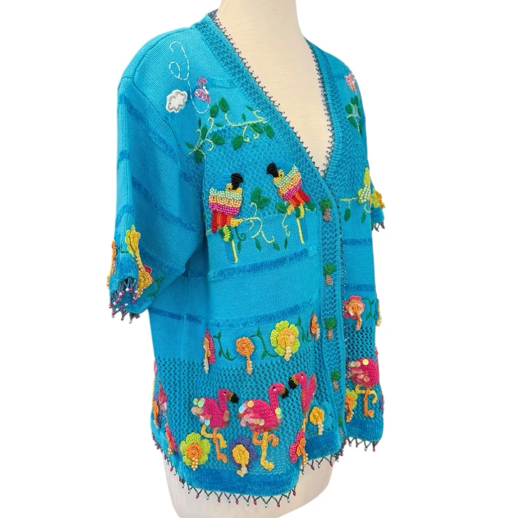 Berek Blue Art to Wear Hand Knitted Embellished Cardigan Sweater Rare Large VTG - Image 2